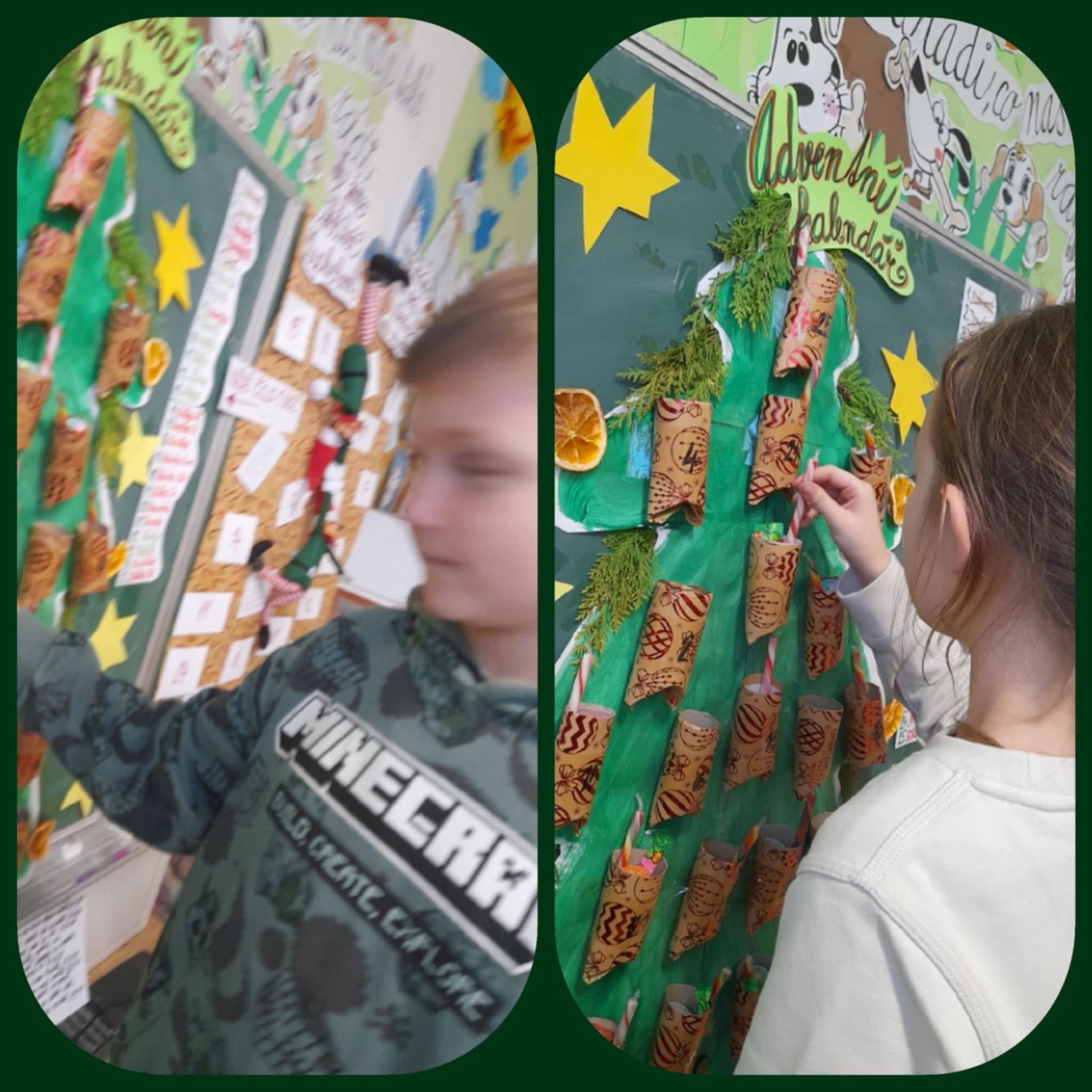 Domča poslepu kreslil hlavu sněhuláka a Zuzanka stříhala sněhovou vločku